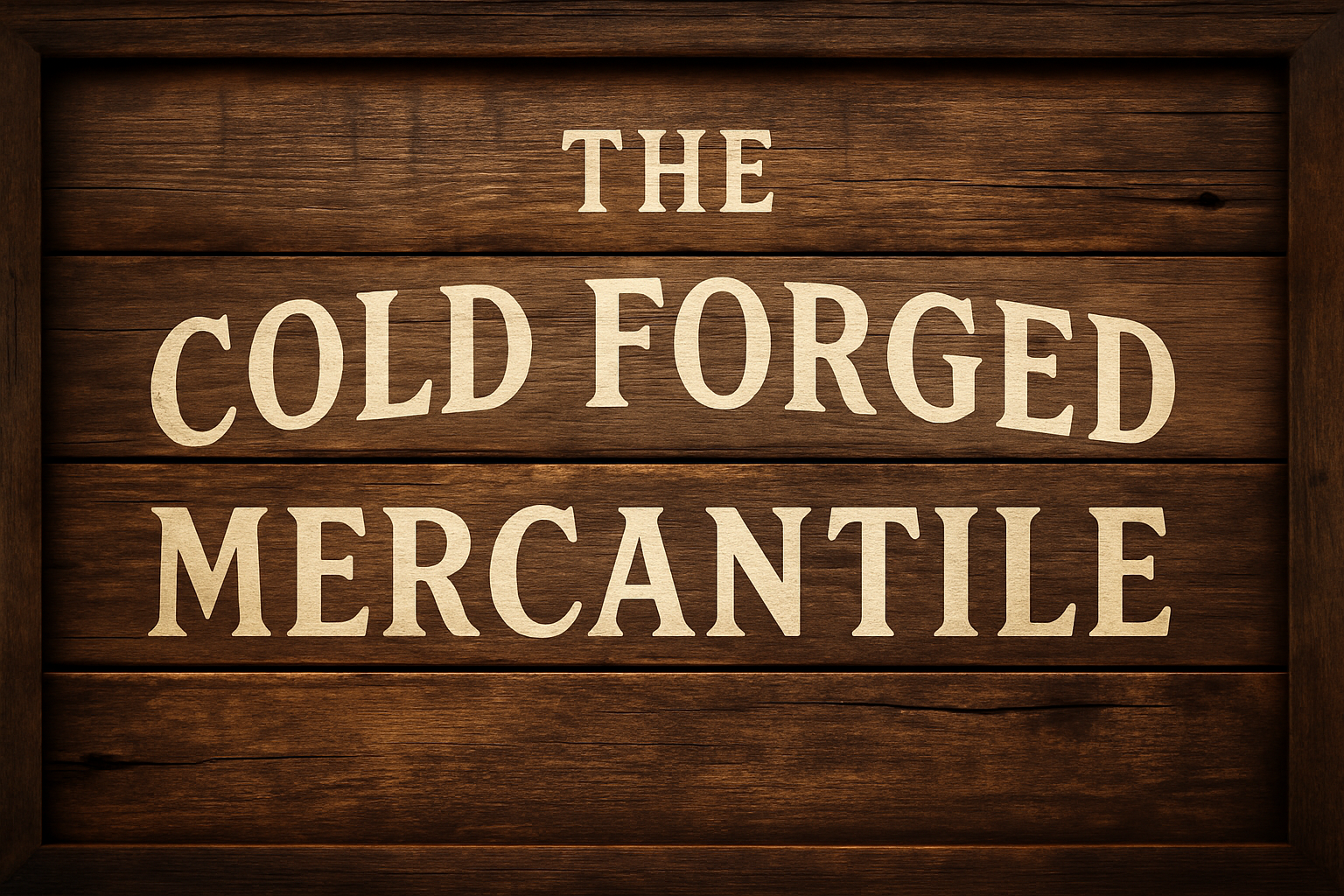 Wooden sign reading "The Cold Forged Mercantile" on rustic aged planks, used as a header for Midnight Sun Tees' shop page.
